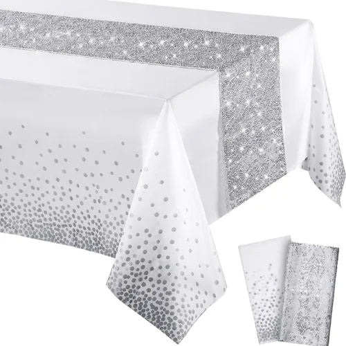 Miniatura 11 de Irenare Juego de Mantel y Camino de Mesa con Lentejuelas, Diseño de Lunares y Confeti, Cubierta de Mesa de Plástico con Purpurina, Decoraciones