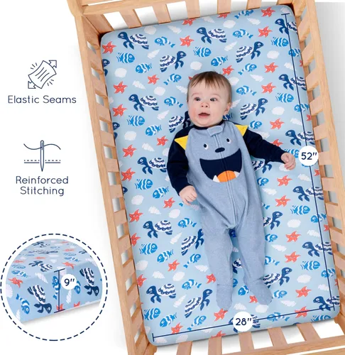 Miniatura 7 de GROW WILD Blue Ocean - Sábanas de cuna para niños (paquete de 3), sábana bajera ajustable de punto de jersey (52 x 28 pulgadas), juego de ropa