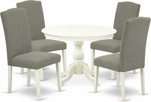 Miniatura 15 de East West Furniture HBEN3-LWH-06 - Juego de mesa de comedor de 3 piezas que contiene una mesa de comedor redonda con pedestal y 2 sillas Parsons