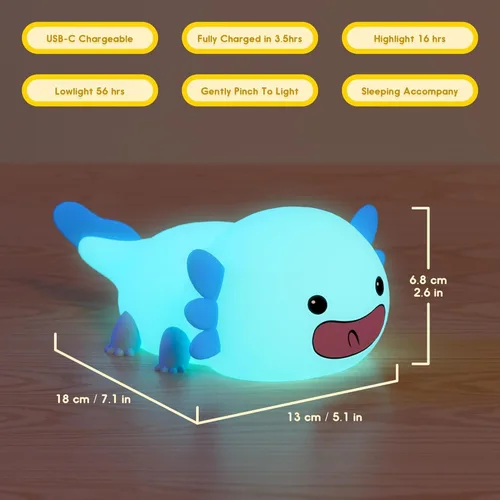 Miniatura 6 de UNEEDE Axolotl - Luz nocturna para niños, lámpara de noche de silicona de animales, lámpara de mesa recargable, bonita decoración de habitación, luz