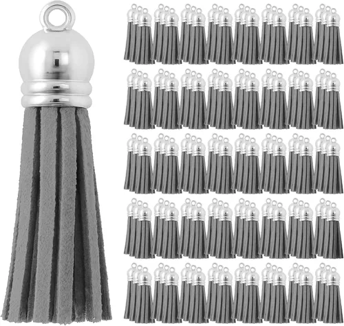 Miniatura 71 de Mandala Crafts 100 borlas de gamuza sintética color aguamarina con tapa dorada, suministros para hacer llaveros a granel, pequeñas borlas de cuero