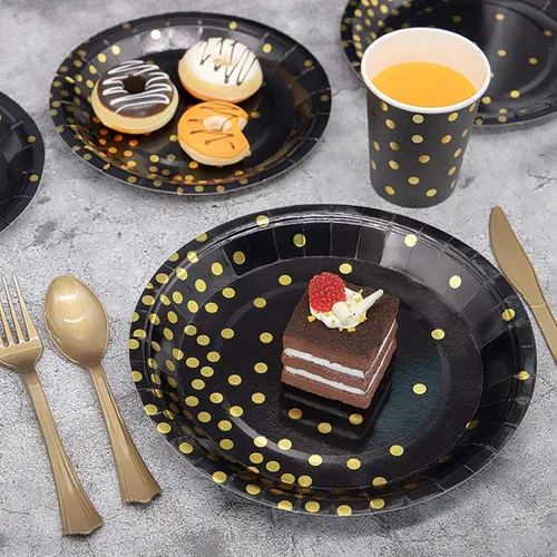 Miniatura 2 de Suministros desechables para fiestas, juego de vajilla de 60 piezas negro y dorado que incluye platos de 7/9 pulgadas, servilletas, mantel, vasos