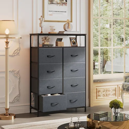 Miniatura 4 de WLIVE Cómoda de tela para dormitorio con estantes abiertos, cómoda alta con 8 cajones, torre de almacenamiento con cubos de tela, cómoda para Gris