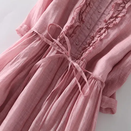 Miniatura 6 de Gamivast Vestidos de lino de manga 34 para mujer, casual, de verano, manga corta, cintura alta, vestido camisero de lino con botones