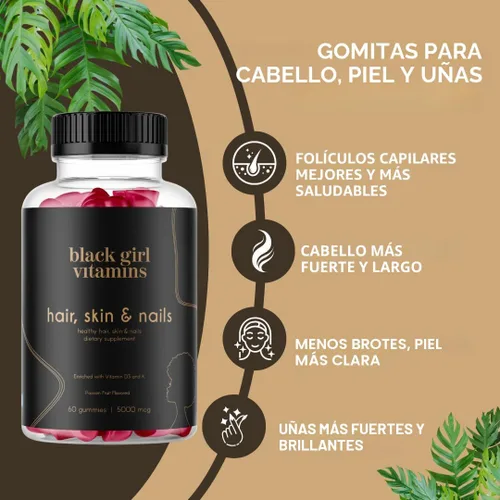 Miniatura 3 de Black Girl Vitamins - Gomitas para el cabello, la piel y las uñas con biotina (6000 mcg), zinc, sin gelatina, vitamina A y vitamina E - Sin gluten.