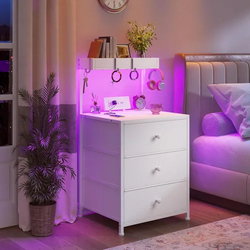 Miniatura 11 de EnHomee Mesita de noche alta con estación de carga y mesita de noche LED con 3 cajones, mesa de noche con cajones y tomas de corriente, mesita