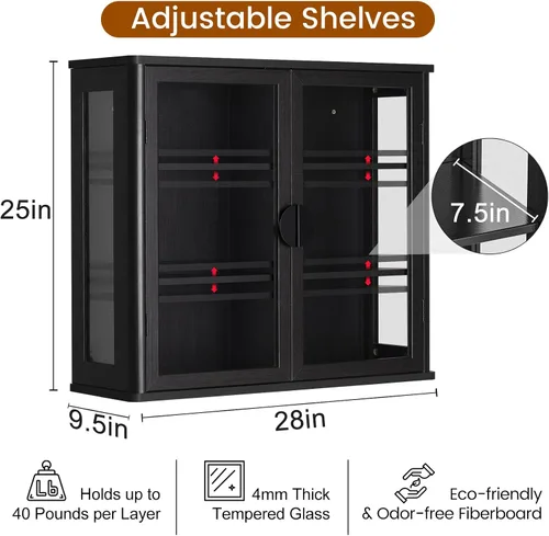 Miniatura 3 de NEWOWNDS Gabinete de Almacenamiento de Pared con Vitrina de Vidrio Templado Negro, Gabinete de Pared para Baño, Gabinete Montado en la Pared