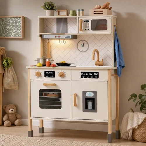 Miniatura 9 de Freniland Cocina de juego de madera, juego de cocina para niños con luz y sonido reales, máquina de hielo realista, estufa y horno, juguete