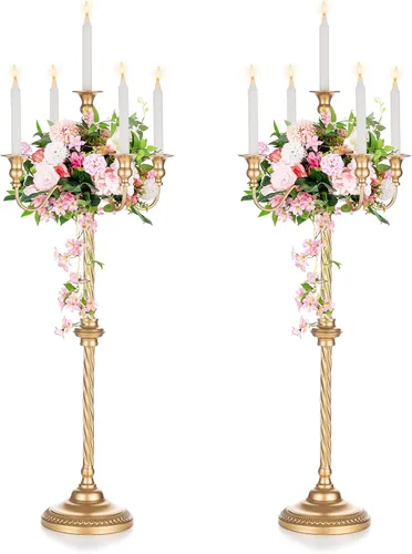 Miniatura 11 de Sziqiqi Candelabro de Piso Alto de 28 Pulgadas Portavelas Cónico para Velas y Portavelas de Metal Floral Centro de Mesa para Boda Fiesta Evento