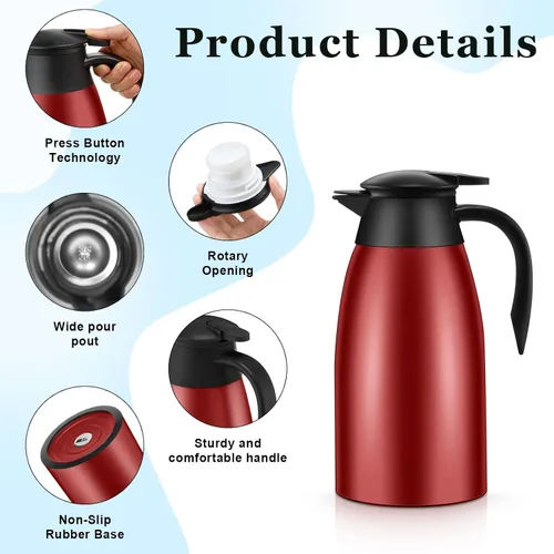 Miniatura 3 de 2 jarras térmicas de café de 51 onzas para mantener el calor aislado al vacío de acero inoxidable al vacío, jarra de café al vacío de doble pared