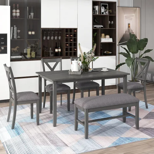 Miniatura 14 de KLMM Elegante y clásico juego de mesa de comedor de madera de 6 piezas con 4 sillas y otomana, adecuado para cocina y comedor