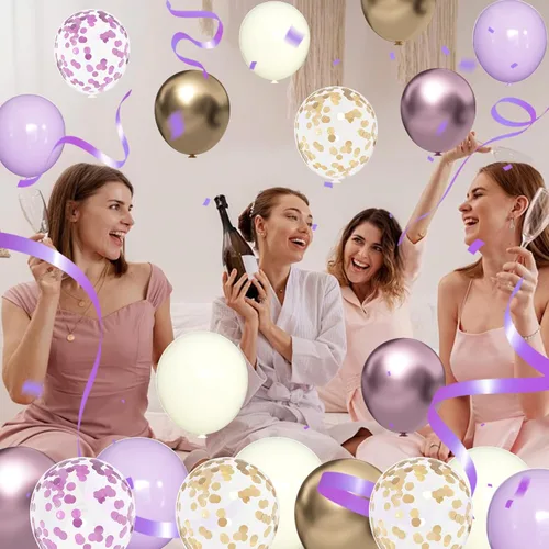 Miniatura 5 de Globos morados y dorados: 60 globos metálicos de lavanda y champán de 12 pulgadas con confeti para graduaciones, bodas, cumpleaños y celebraciones