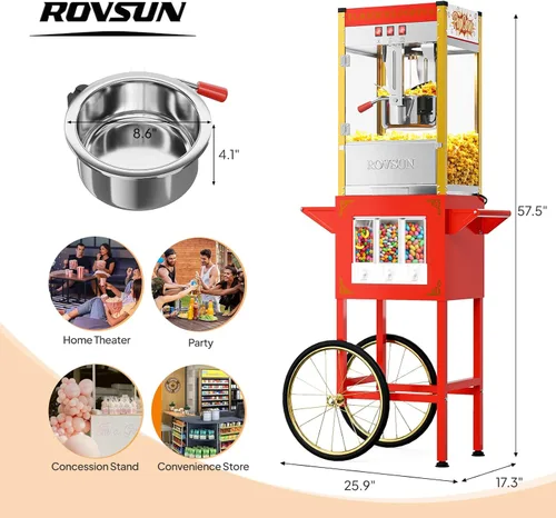 Miniatura 7 de Máquina de palomitas de maíz ROVSUN con carrito, ruedas y hervidor de 10 onzas que hace hasta 4 galones, máquina de palomitas con dispensadores