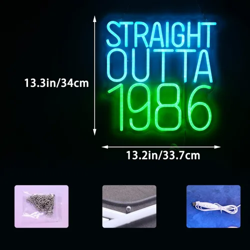 Miniatura 2 de Straight Outta - Letreros de neón de 1986 con texto en inglés "Happy Birthday", lámpara brillante para 40 años, 40 años, luces de neón retro
