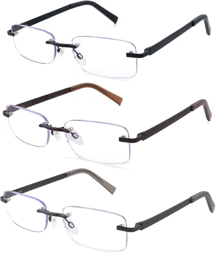Paquete de 3 lentes de lectura sin montura para hombres, con bloqueo de luz azul, bisagra de resorte, brazos de metal, resistentes y elegantes