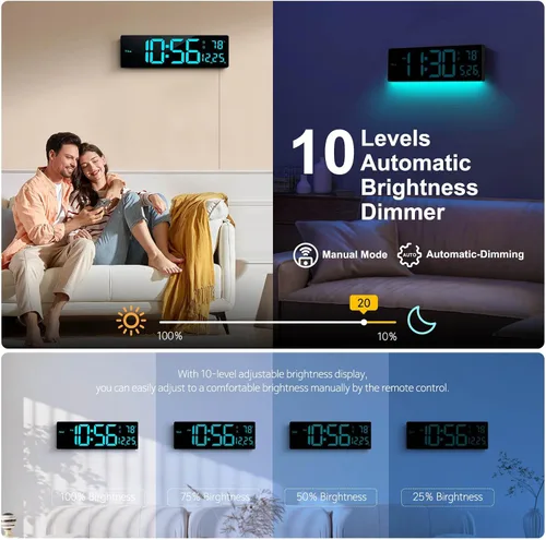 Miniatura 4 de Reloj de pared digital de 16 pulgadas, relojes de pared con 11 colores RGB, reloj despertador con luces nocturnas, reloj digital grande para sala