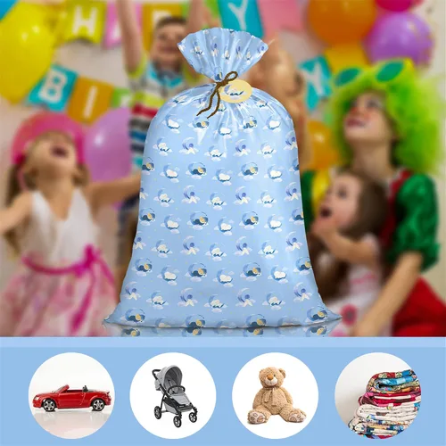 Miniatura 5 de Bolsa de regalo jumbo grande de plástico Loveinside, bolsa de plástico con diseño de oso durmiente azul para niño, con etiqueta y lazo para Oso