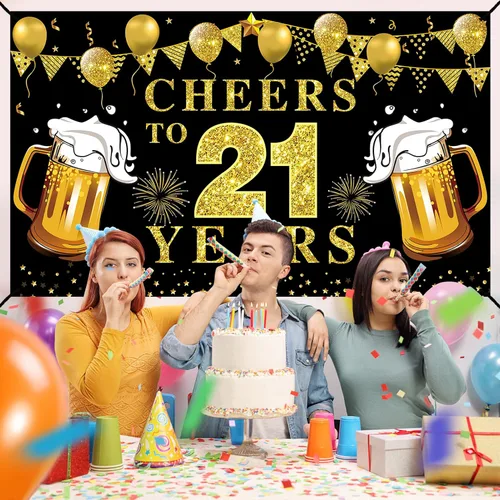 Miniatura 5 de Decoración de pancarta de feliz cumpleaños número 21, suministros de fiesta de telón de fondo de texto en negro y dorado con texto en inglés "Cheers
