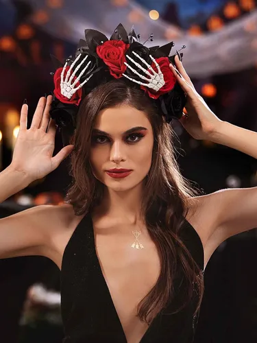 Miniatura 6 de Woeoe Diadema de Halloween FLower para el Día de los Muertos, diseño floral, araña, murciélago, fiesta, tocado para mujeres y niñas