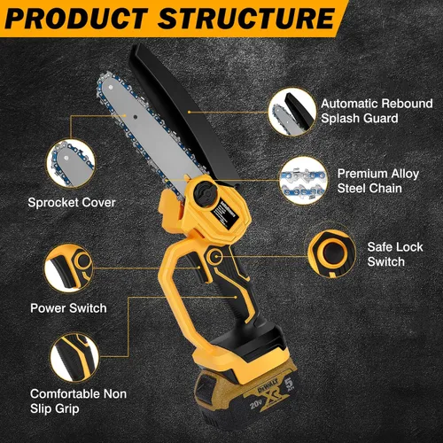 Miniatura 5 de bellaDimora Motosierra Mini Inalámbrica de 6 Pulgadas Compatible con Batería DeWalt 20V MAX (Batería No Incluida), Motosierra Eléctrica de Mano