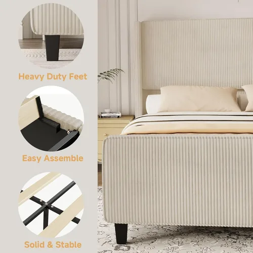 Miniatura 6 de Marco de Cama Tamaño King y Cabecero, Marco de Cama King Tapizada con Cabecero Alto Tipo Wingback y Piecera, Puertos USB, Fácil Montaje, Beige
