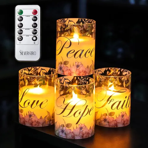 Velas sin llama de Navidad de cristal con llama parpadeante, velas de cera real florales LED con control remoto - Juego de 4 para decoración
