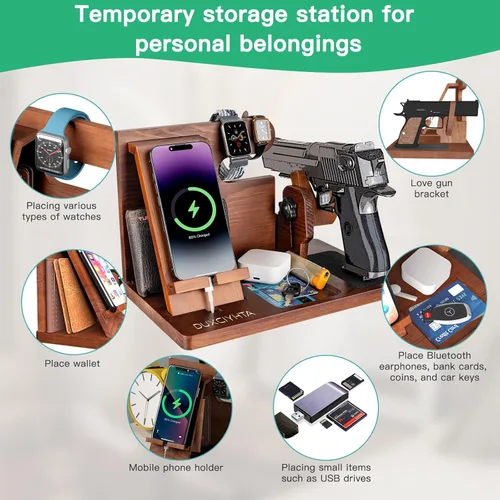 Miniatura 6 de Organizador de pistola de madera para hombre, soporte para teléfono, cartera, estación de acoplamiento, reloj militar, soporte de noche, soporte