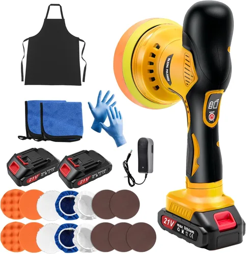 Pulidora inalámbrica para automóvil, kit de pulidora orbital de 6 pulgadas con baterías de 2 x 21 V y 21 accesorios, 8 velocidades variables máximas