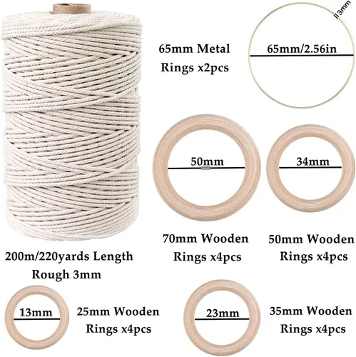 Miniatura 2 de 169 piezas Kit de macramé para principiantes 3 mm x 220 yardas de cordón de macramé de algodón natural para colgar en la pared, los mejores