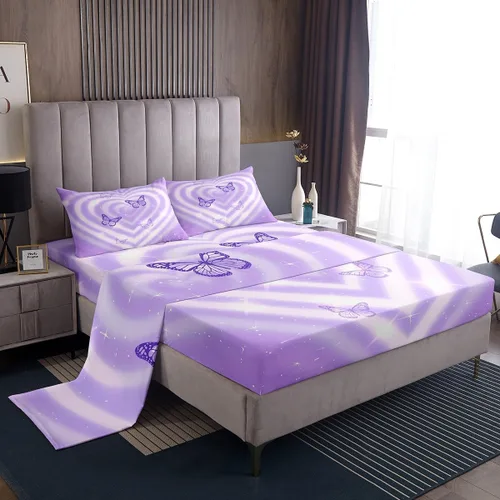 Manfei Juego de sábanas para niños con corazones de lavanda, tamaño individual, juego de ropa de cama de mariposa morada para niños, niñas,