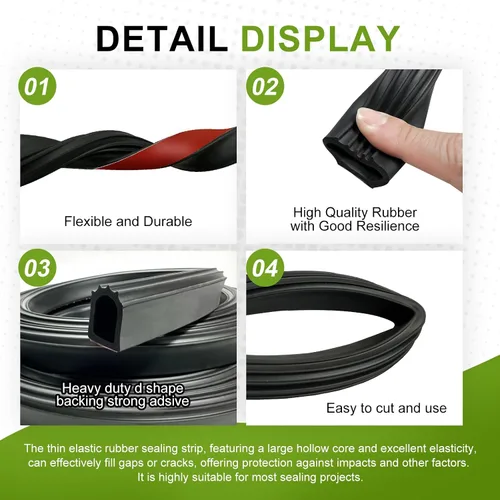 Miniatura 4 de EPDM - Tira de sellado de puerta de goma autoadhesiva en forma de D, 1 pulgada, resistente a la intemperie para deslizamiento de caravana