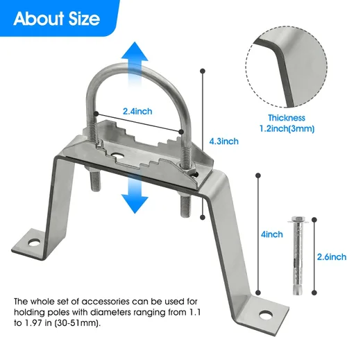 Miniatura 4 de Paquete de 2 soportes de pared para antena de 4 pulgadas, kit de accesorios de abrazadera de mástil de antena de alta resistencia con 2 soportes
