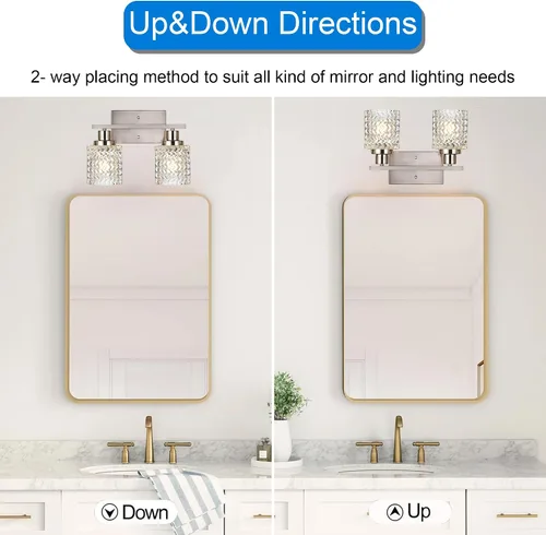 Miniatura 4 de MELUCEE Aplique de pared de 2 luces con pantalla de vidrio martillado, luces de baño de níquel cepillado sobre el espejo, accesorios de iluminación