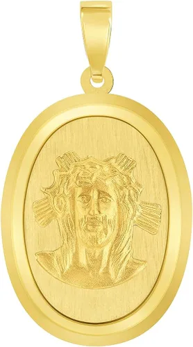 Miniatura 2 de Colgante de oro amarillo de 14 quilates con medalla milagrosa ovalada de Jesucristo con cadena Figaro