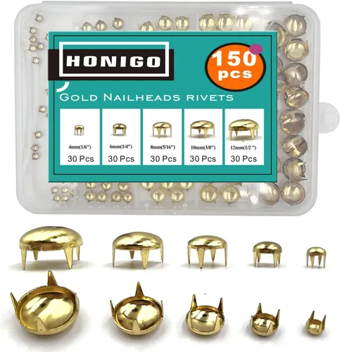 Miniatura 8 de Honigo - Tachuelas metálicas de latón sólido, 150 unidades, forma redonda y cúpula, 4/6/8/10/12mm, 4 puntas, para manualidades en cuero, ropa