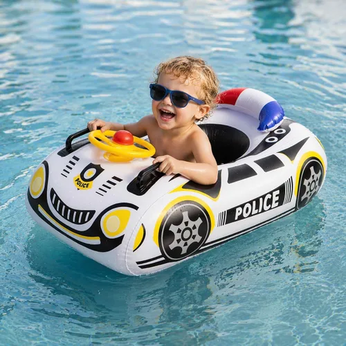 Flotador de piscina para niños pequeños con volante, flotador de piscina para bebés sin giro con asiento y respaldo, PVC grueso inflable de policía,