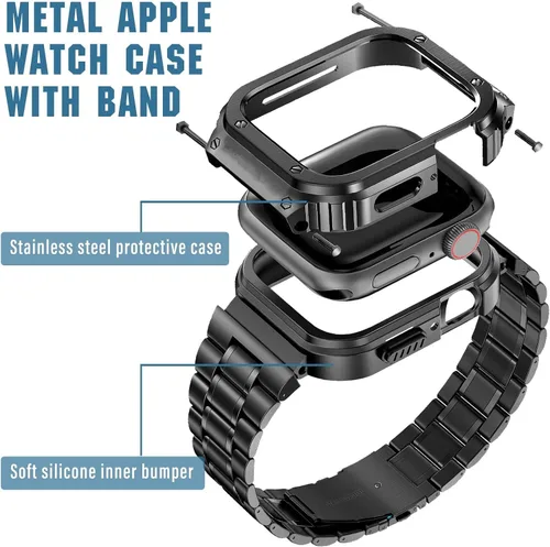 Miniatura 3 de MioHHR Correa de Acero Inoxidable para Reloj con Estuche Compatible con Correas de Apple Watch 40/41 mm, Correa Resistente con Cubierta Protectora