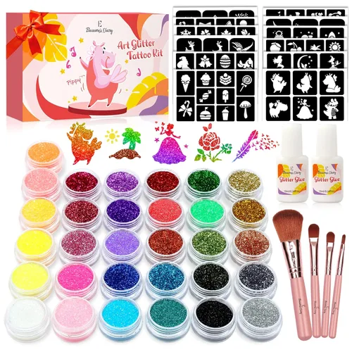 Eleanore's Diary - Tatuaje temporal con purpurina para niños, 31 colores de purpurina, 165 plantillas únicas, 2 pegamento, 4 pinceles, kit de