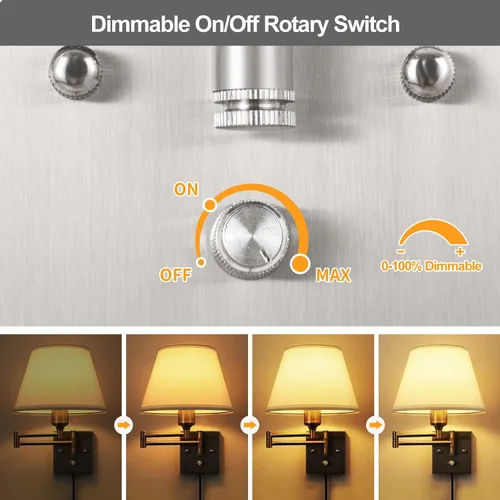Miniatura 3 de TRLIFE Aplique de pared enchufable, juego de 2 lámparas de pared regulables con brazo oscilante de níquel cepillado, cable de enchufe y interruptor