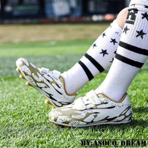 Miniatura 8 de ASOCO DREAM Zapatos de fútbol para niños y niñas, zapatos de fútbol para suelo firme, para jóvenes profesionales atléticos para exteriores e