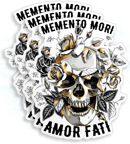 Miniatura 7 de Calcomanías de vinilo troqueladas con diseño de Memento Mori Amor Fati Skull Gold Roses Flowers para casco duro, botella de agua, laptop, monopatín