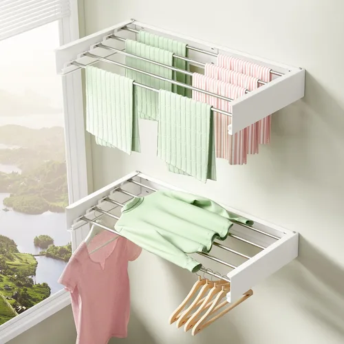 Miniatura 2 de BOQORAD Tendedero de ropa montado en la pared de 32 pulgadas, estante de secado para ropa de pared, estante de secado de lavandería, estante Blanco