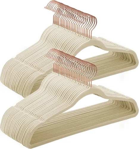 Miniatura 10 de SONGMICS Perchas delgadas de terciopelo, perchas antideslizantes con ganchos giratorios de oro rosa, ahorro de espacio, para armario, paquete de 50