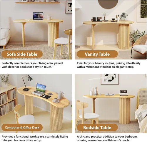Miniatura 6 de LEVNARY Escritorio pequeño curvado de 54.3 pulgadas, escritorio ejecutivo de madera con patas estriadas resistentes, escritorio moderno de lujo