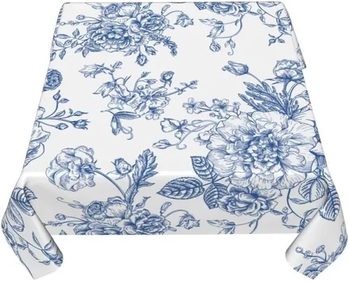 Miniatura 7 de BETGINY - Mantel cuadrado floral azul de 54 x 54 pulgadas, mantel decorativo de estilo chinoiserie con flores, tela rústica lavable para granja