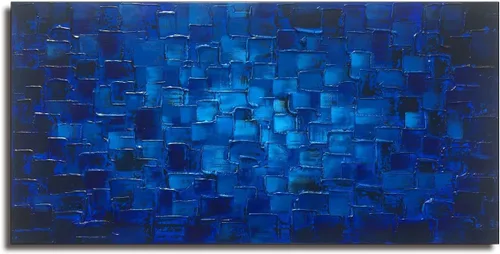 Miniatura 18 de MyArton Arte de pared de lienzo texturizado, cuadrados abstractos, pintado a mano, pintura al óleo moderna de color azul oscuro, imagen