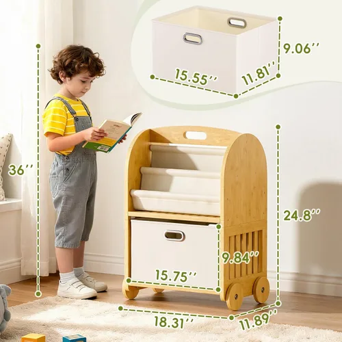 Miniatura 2 de Estantería de bambú de 2 lados y 3 niveles para niños, estante Montessori con ruedas seguras y cajón de almacenamiento grande, estantería