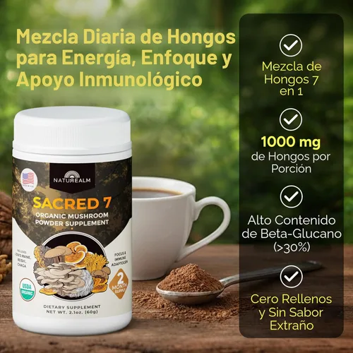 Miniatura 2 de Naturealm Suplemento en polvo de hongos orgánicos Sacred 7 Suministro para 60 días Mezcla 7 en 1 con melena de león, Reishi, Chaga Apoyo