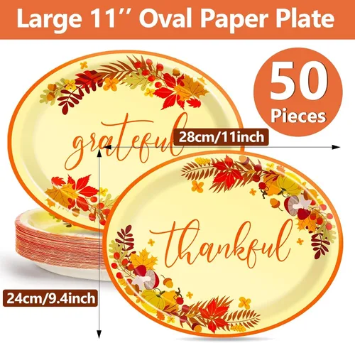 Miniatura 2 de Qyeahkj 50 PCS Platos de Papel Ovalados de Acción de Gracias Grandes 11" Heavy Duty Desechables Give Thanks Platos Decoraciones de Fiesta de Otoño