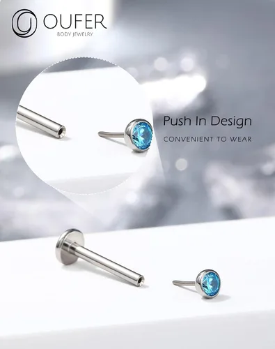 Miniatura 5 de OUFER - 2 aretes tipo dormilona de titanio G23 sin rosca, 20G/18G/16G, con respaldo plano y circonia cúbica pequeña, piercing para nariz, helix